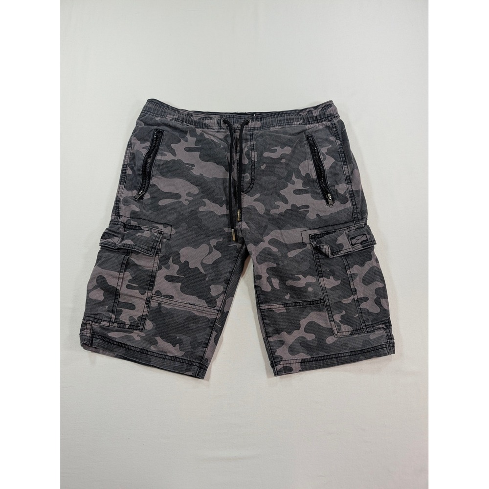 Akademiks Mens Grey Camo Cargo Shorts Elastic Waist Drawstring Size L